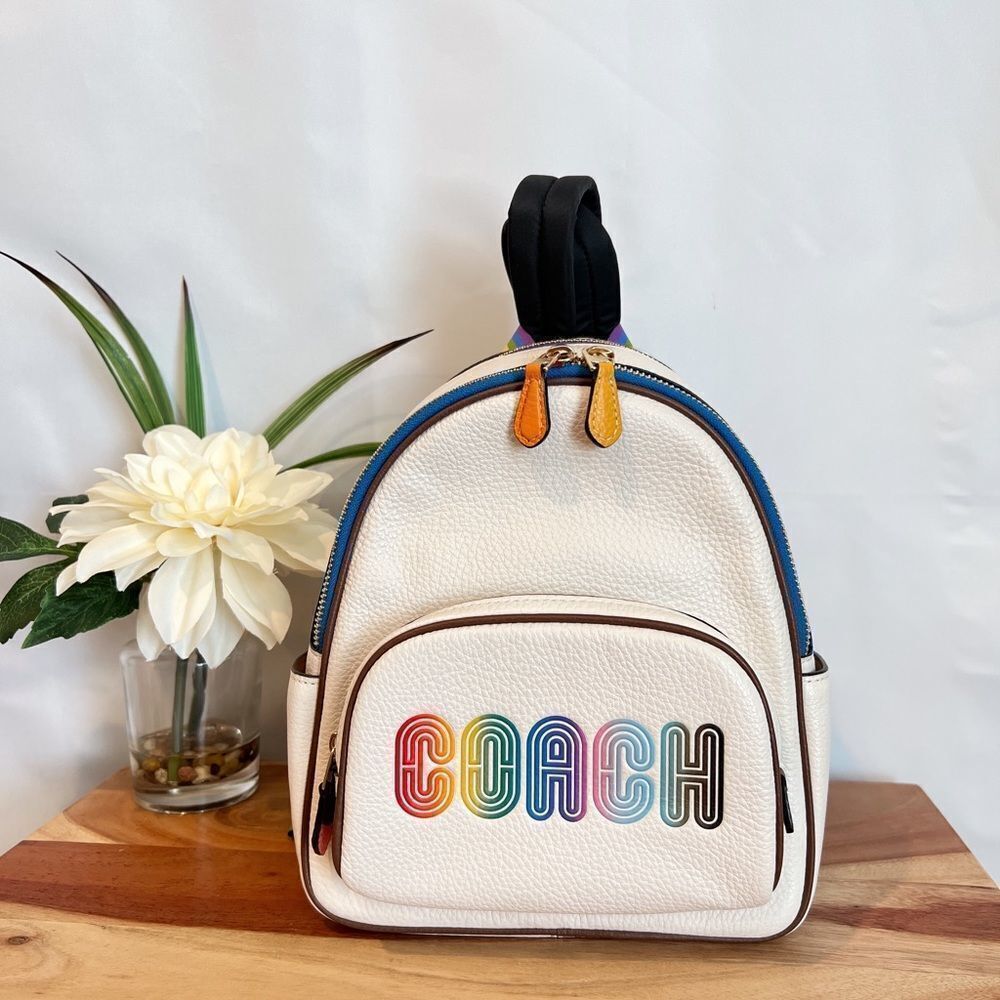 COACH White Pebbled Leather Rainbow Logo Mini Backpack